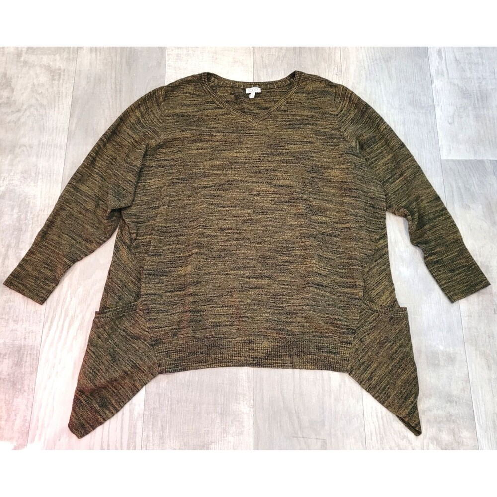 LOGO Lori Goldstein 3X Cashmere Blend TunicTop Green Sharkbite Hem VNeck Pockets